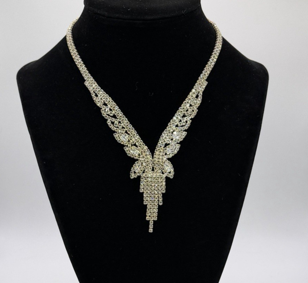Vintage Rhinestone Bib Necklace Statement Collar Fringe Drop Bridal Formal Bling